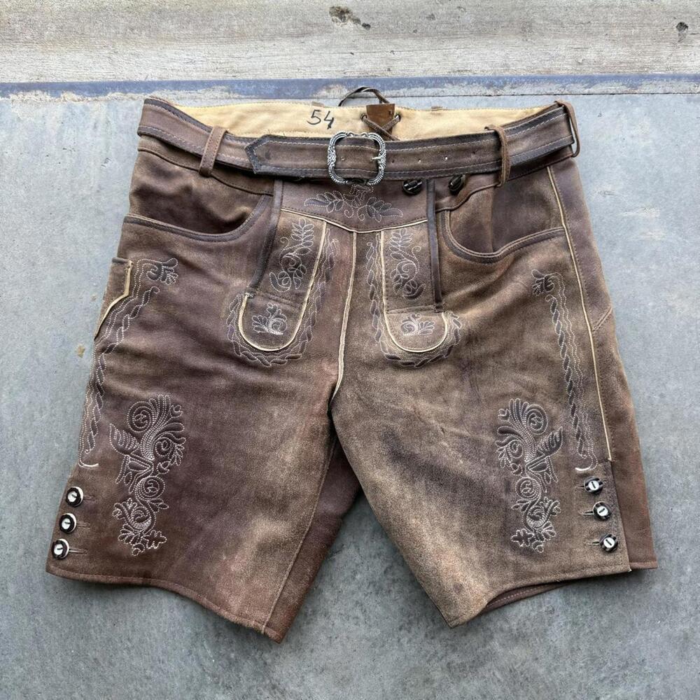 Vintage 90s Brown Bavarian Leverhosen genuine leather embroidered shorts size 36